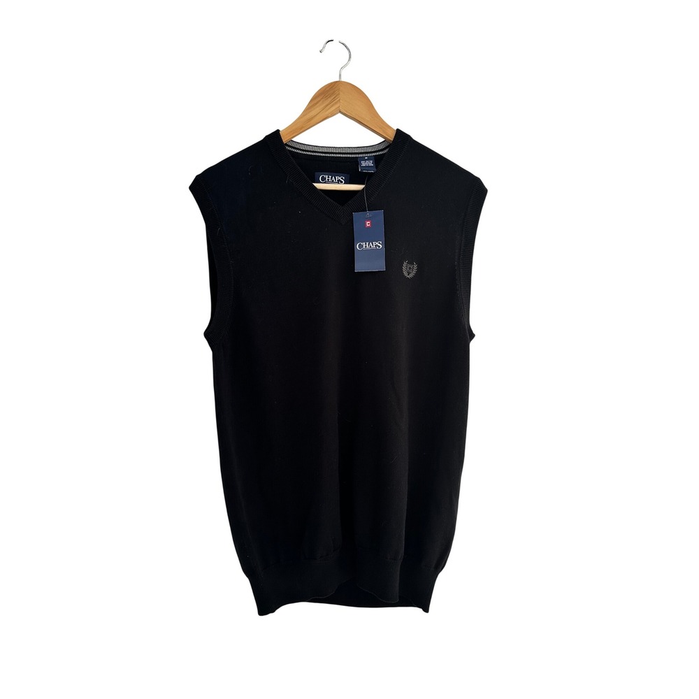 Chaps Mens V-Neck Sweater Vest Black 100% Cotton Knit Logo Size M NWT